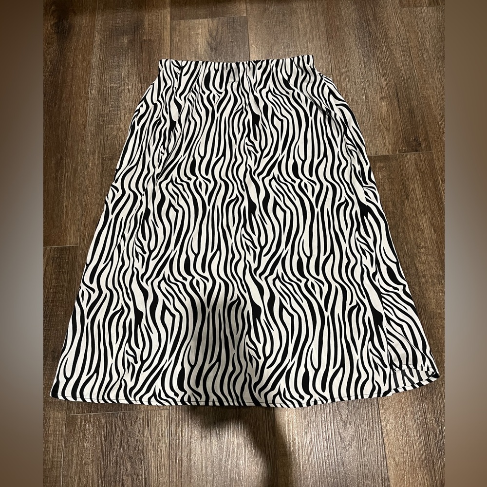 White Black Zebra Print Silk Midi Skirt